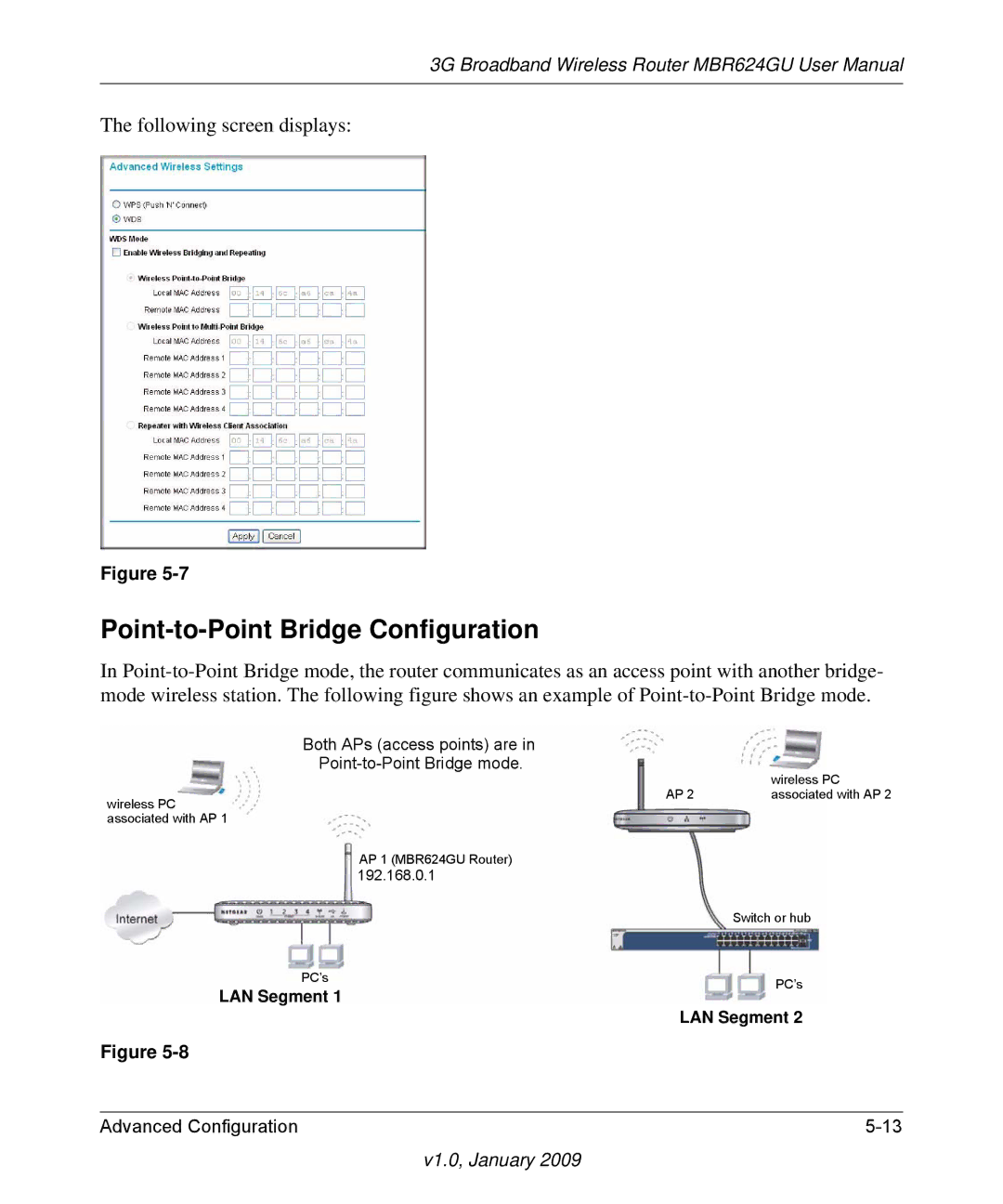 NETGEAR MBR624GU user manual Point-to-Point Bridge Configuration, LAN Segment 