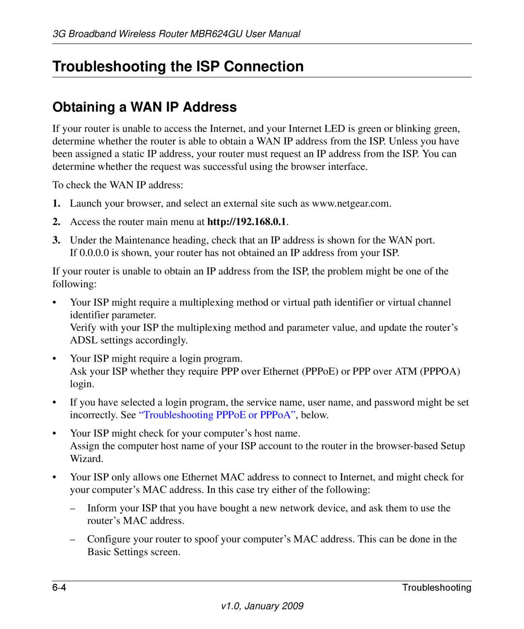 NETGEAR MBR624GU user manual Troubleshooting the ISP Connection, Obtaining a WAN IP Address 