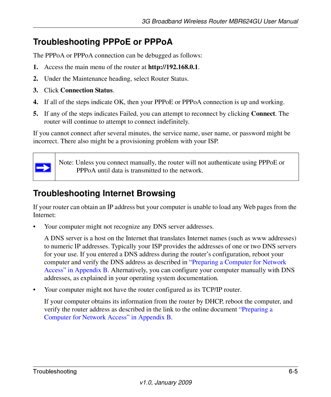 NETGEAR MBR624GU user manual Troubleshooting PPPoE or PPPoA, Troubleshooting Internet Browsing 