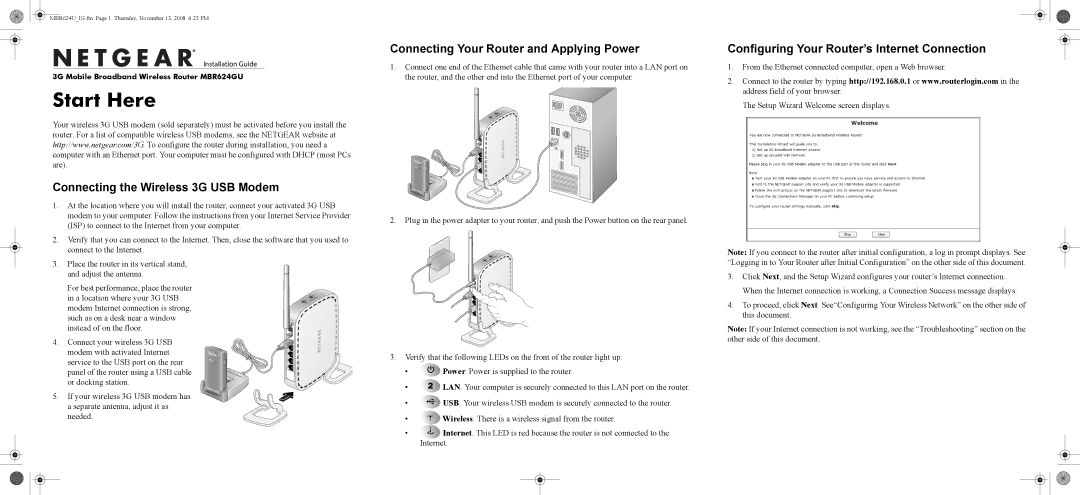 NETGEAR MBR624GU manual Start Here, Connecting the Wireless 3G USB Modem, Connecting Your Router and Applying Power 