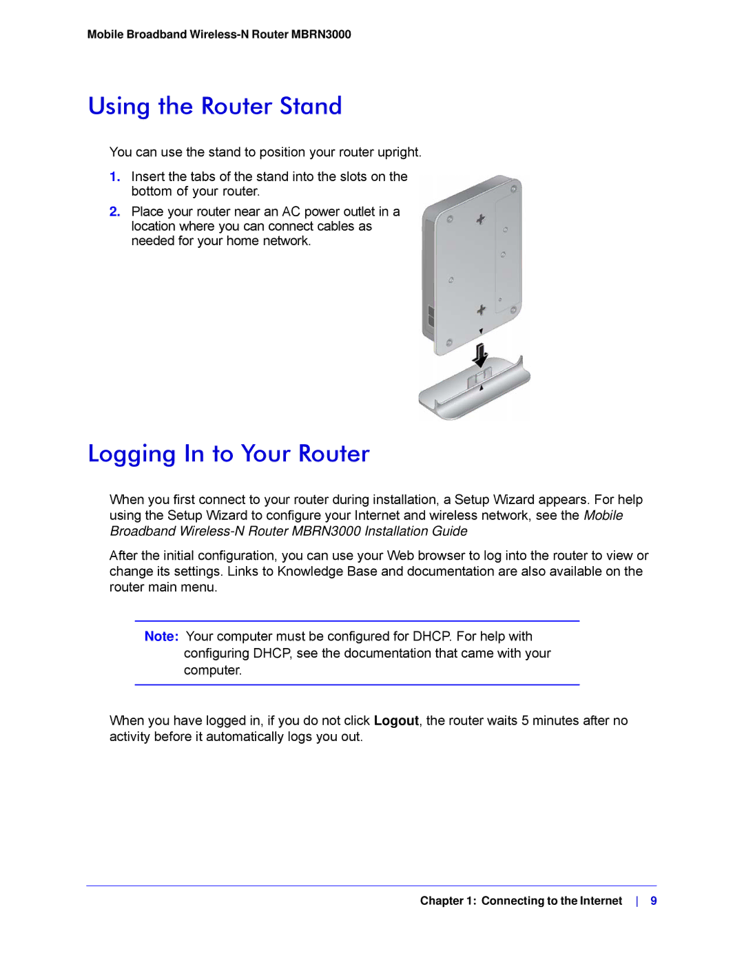 NETGEAR MBRN3000-100NAS user manual Using the Router Stand, Logging In to Your Router 