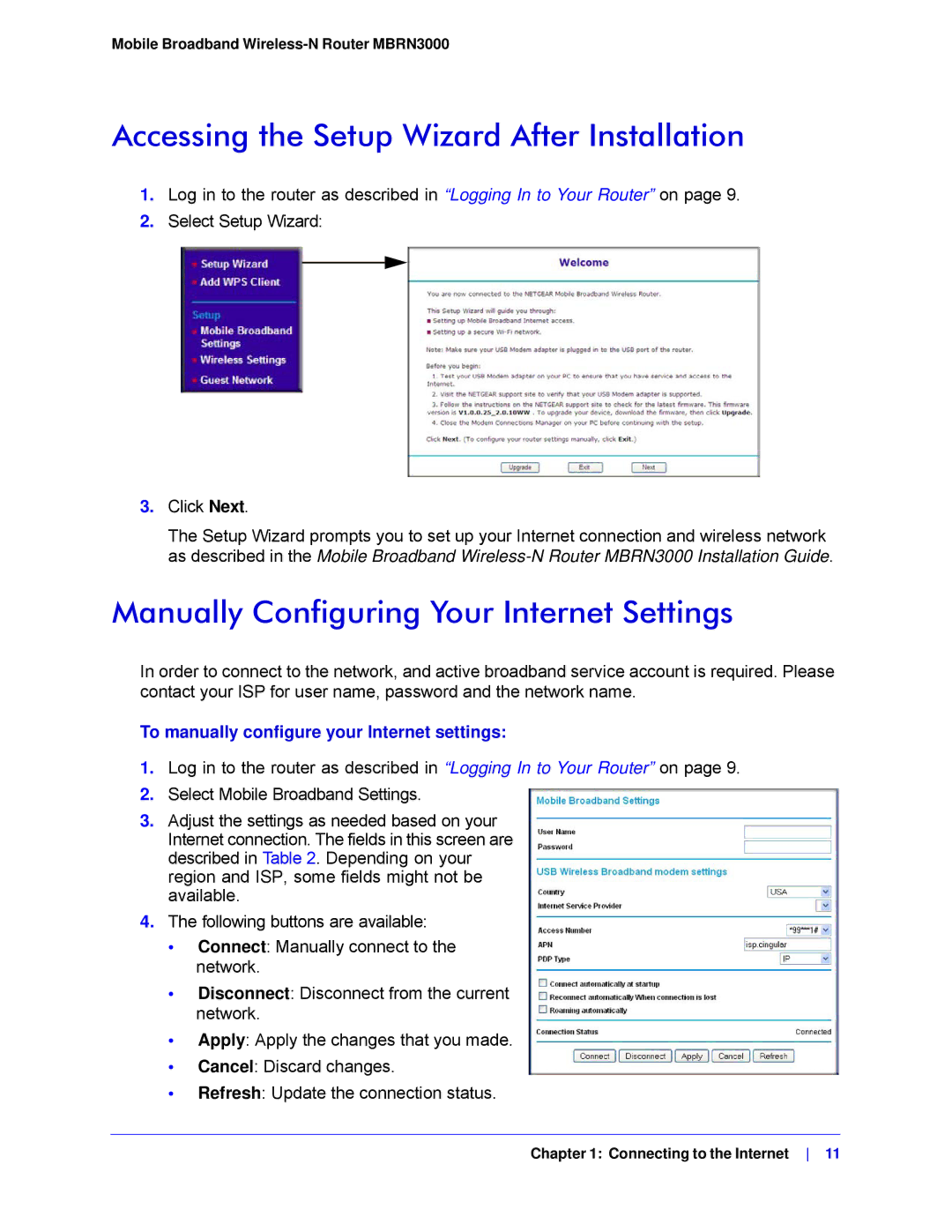 NETGEAR MBRN3000-100NAS Accessing the Setup Wizard After Installation, Manually Configuring Your Internet Settings 