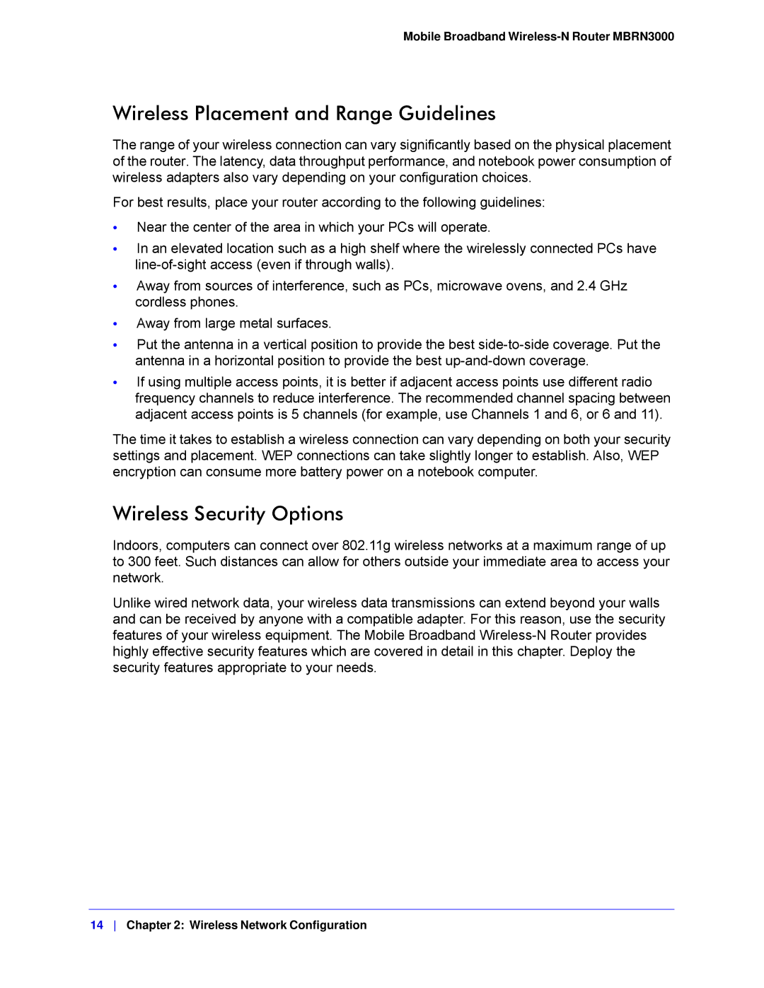 NETGEAR MBRN3000-100NAS user manual Wireless Placement and Range Guidelines, Wireless Security Options 