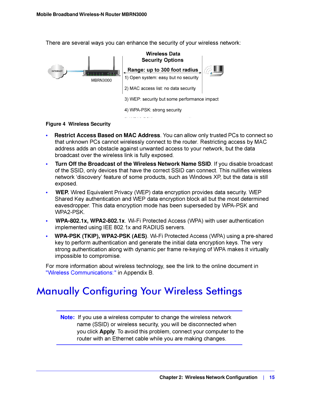 NETGEAR MBRN3000-100NAS user manual Manually Configuring Your Wireless Settings, Wireless Security 