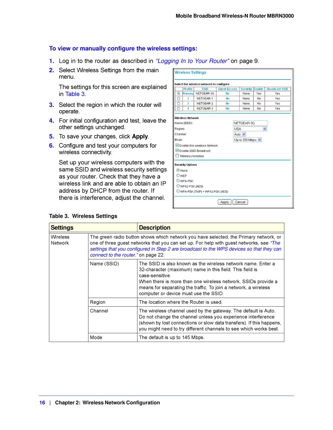 NETGEAR MBRN3000-100NAS user manual To view or manually configure the wireless settings, Settings Description 