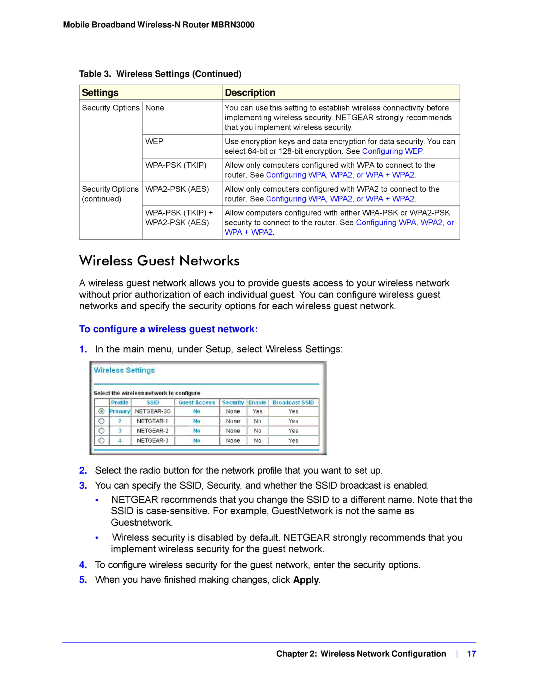 NETGEAR MBRN3000-100NAS user manual Wireless Guest Networks, To configure a wireless guest network 