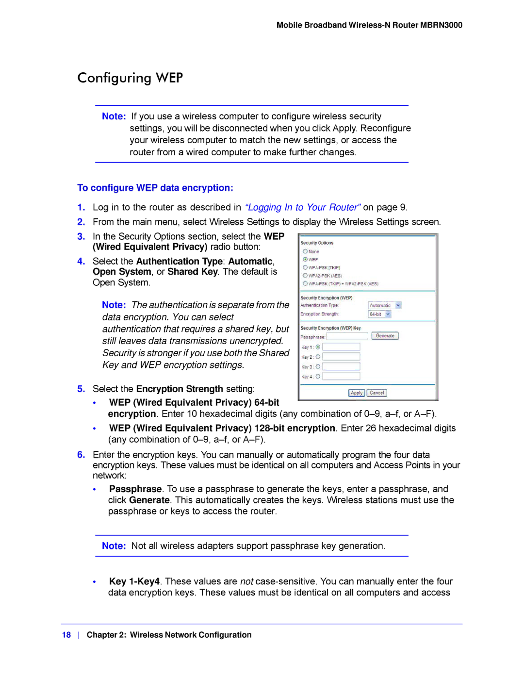 NETGEAR MBRN3000-100NAS user manual Configuring WEP, To configure WEP data encryption 