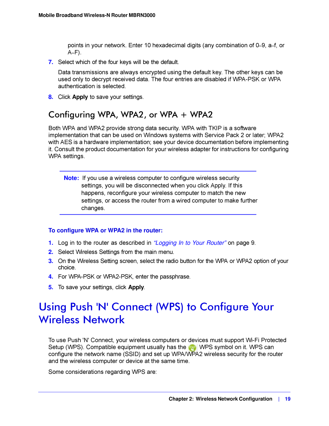 NETGEAR MBRN3000-100NAS Using Push N Connect WPS to Configure Your Wireless Network, Configuring WPA, WPA2, or WPA + WPA2 