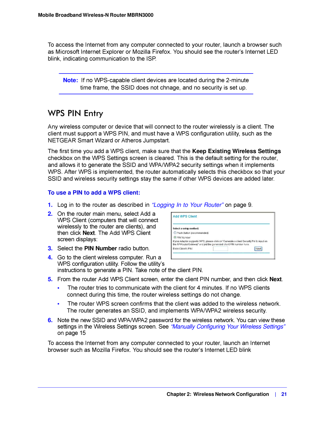 NETGEAR MBRN3000-100NAS user manual WPS PIN Entry, To use a PIN to add a WPS client 