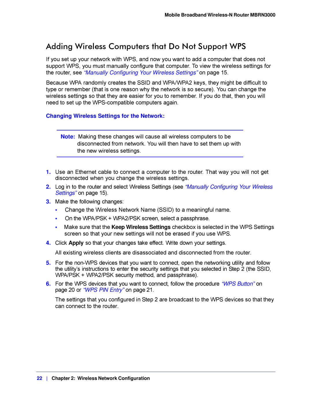 NETGEAR MBRN3000-100NAS Adding Wireless Computers that Do Not Support WPS, Changing Wireless Settings for the Network 