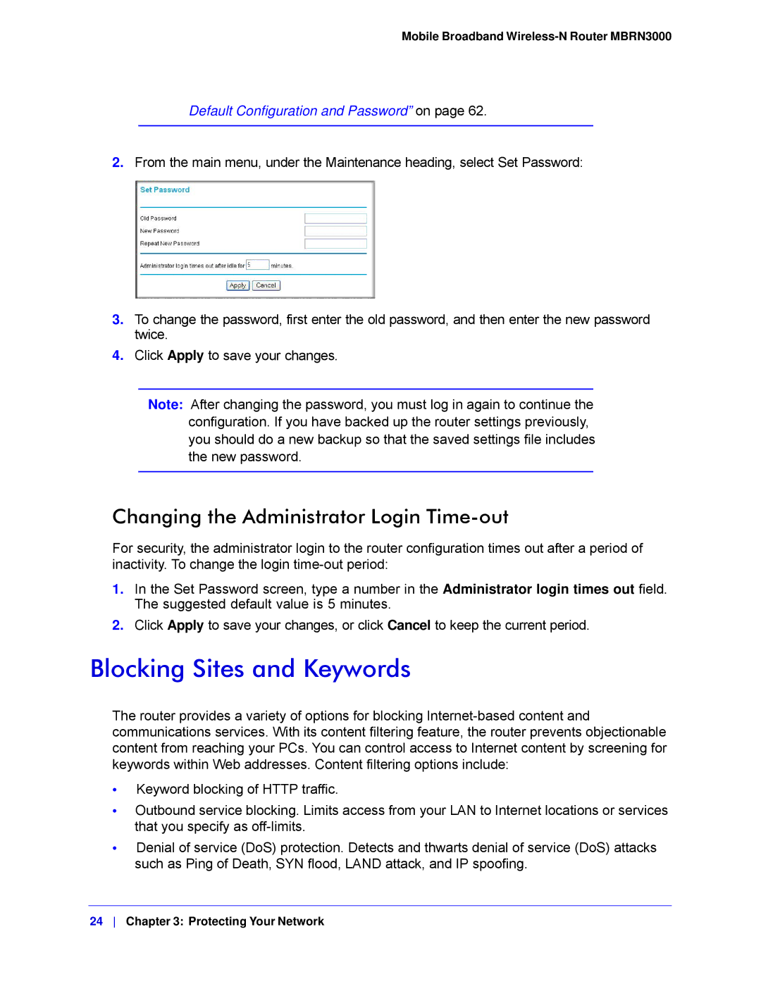 NETGEAR MBRN3000-100NAS user manual Blocking Sites and Keywords, Changing the Administrator Login Time-out 