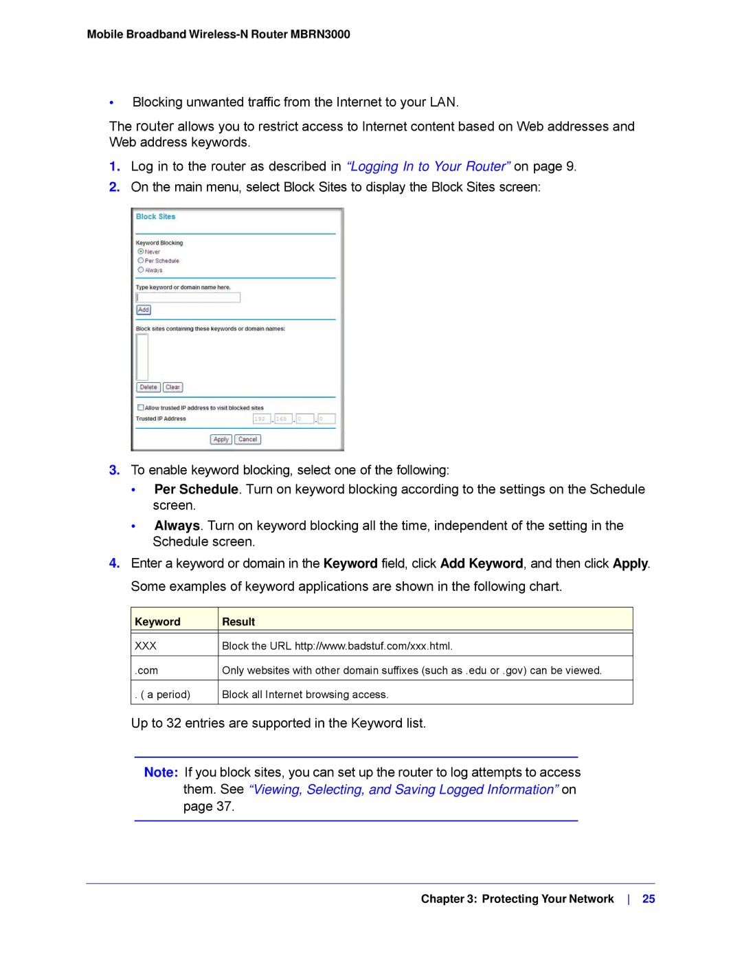 NETGEAR MBRN3000-100NAS user manual Keyword Result, Xxx 