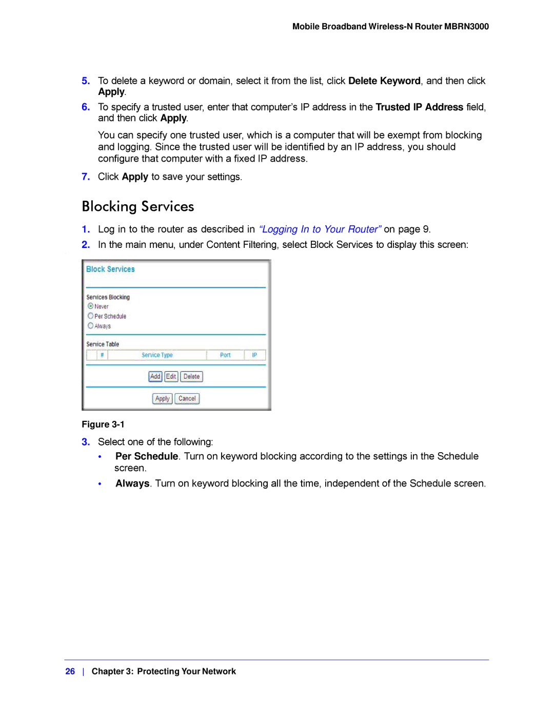 NETGEAR MBRN3000-100NAS user manual Blocking Services 