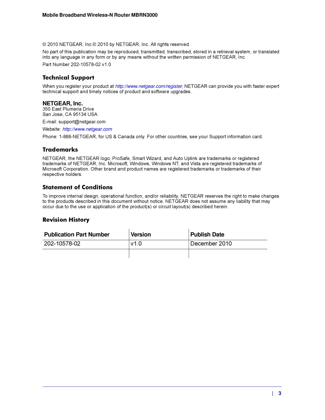 NETGEAR MBRN3000-100NAS Technical Support NETGEAR, Inc, Trademarks, Statement of Conditions, Version, Publish Date 