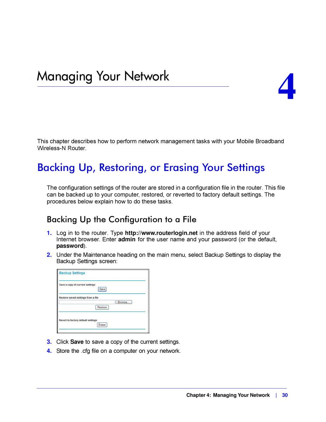 NETGEAR MBRN3000-100NAS user manual Backing Up, Restoring, or Erasing Your Settings, Backing Up the Configuration to a File 