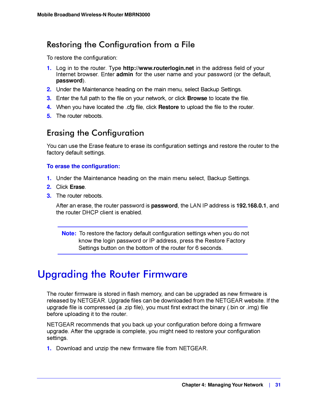 NETGEAR MBRN3000-100NAS Upgrading the Router Firmware, Restoring the Configuration from a File, Erasing the Configuration 