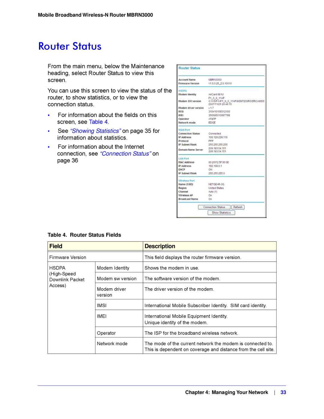 NETGEAR MBRN3000-100NAS user manual Router Status, Field Description, Hsdpa, Imsi, Imei 