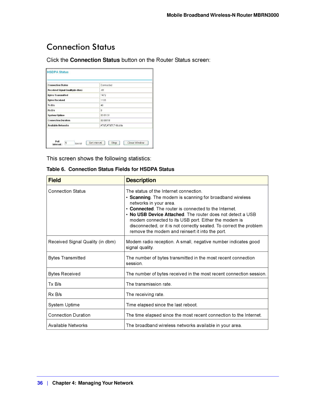 NETGEAR MBRN3000-100NAS user manual Connection Status 