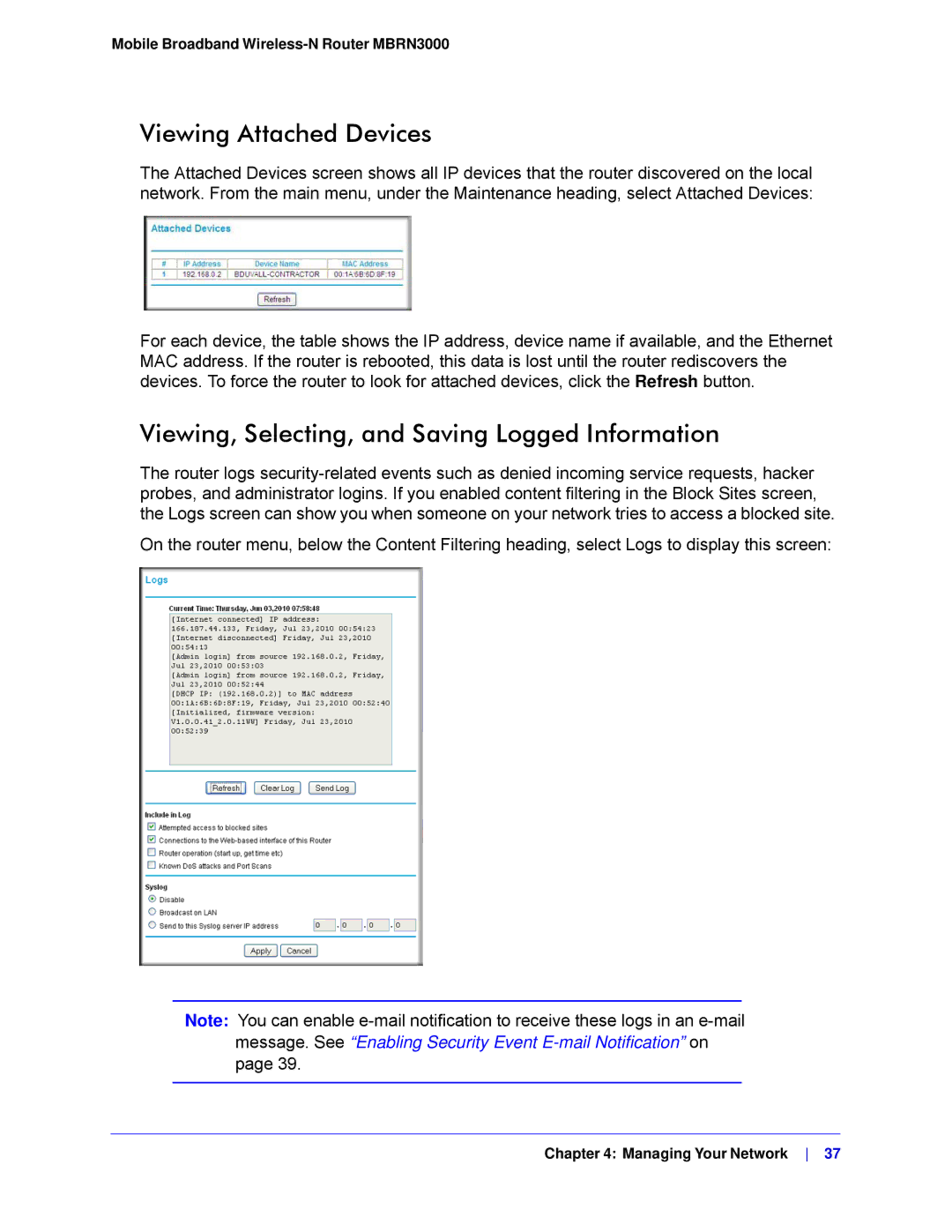 NETGEAR MBRN3000-100NAS user manual Viewing Attached Devices, Viewing, Selecting, and Saving Logged Information 