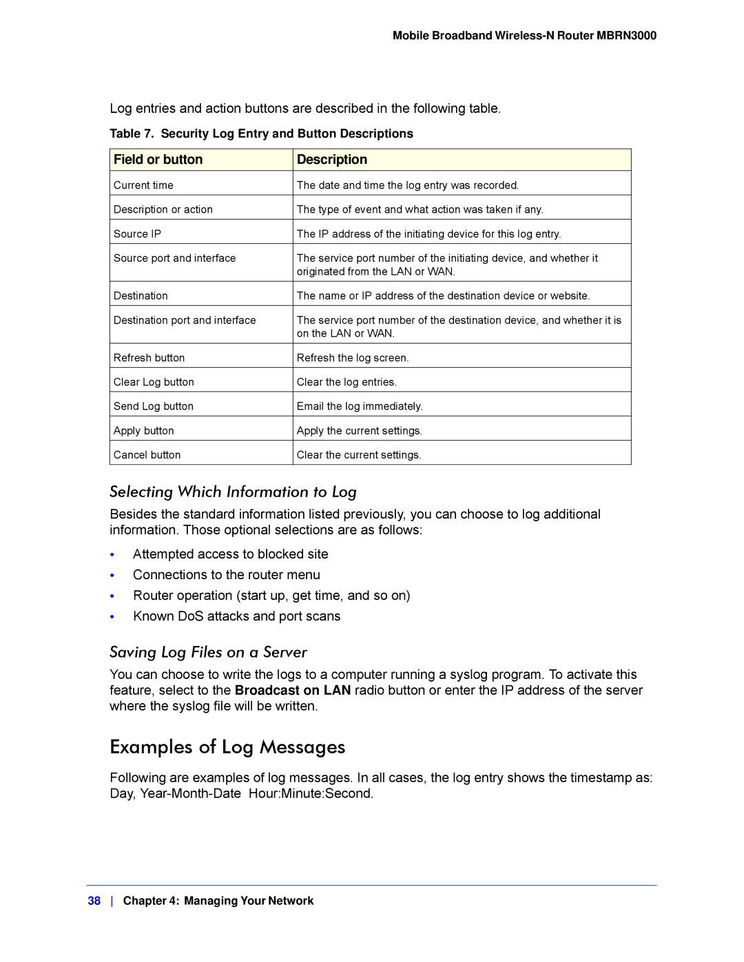 NETGEAR MBRN3000-100NAS user manual Examples of Log Messages, Field or button Description 