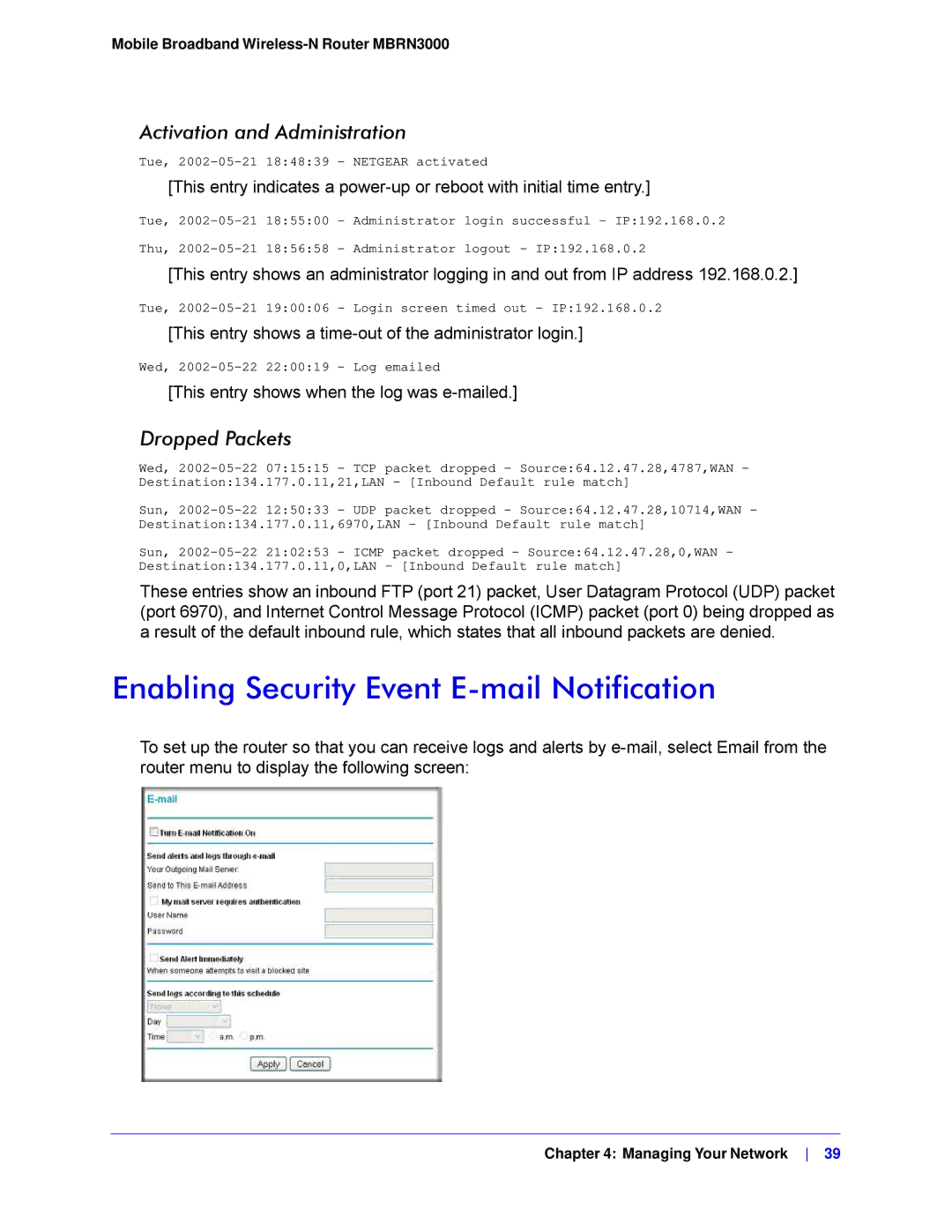 NETGEAR MBRN3000-100NAS user manual Enabling Security Event E-mail Notification, Activation and Administration 