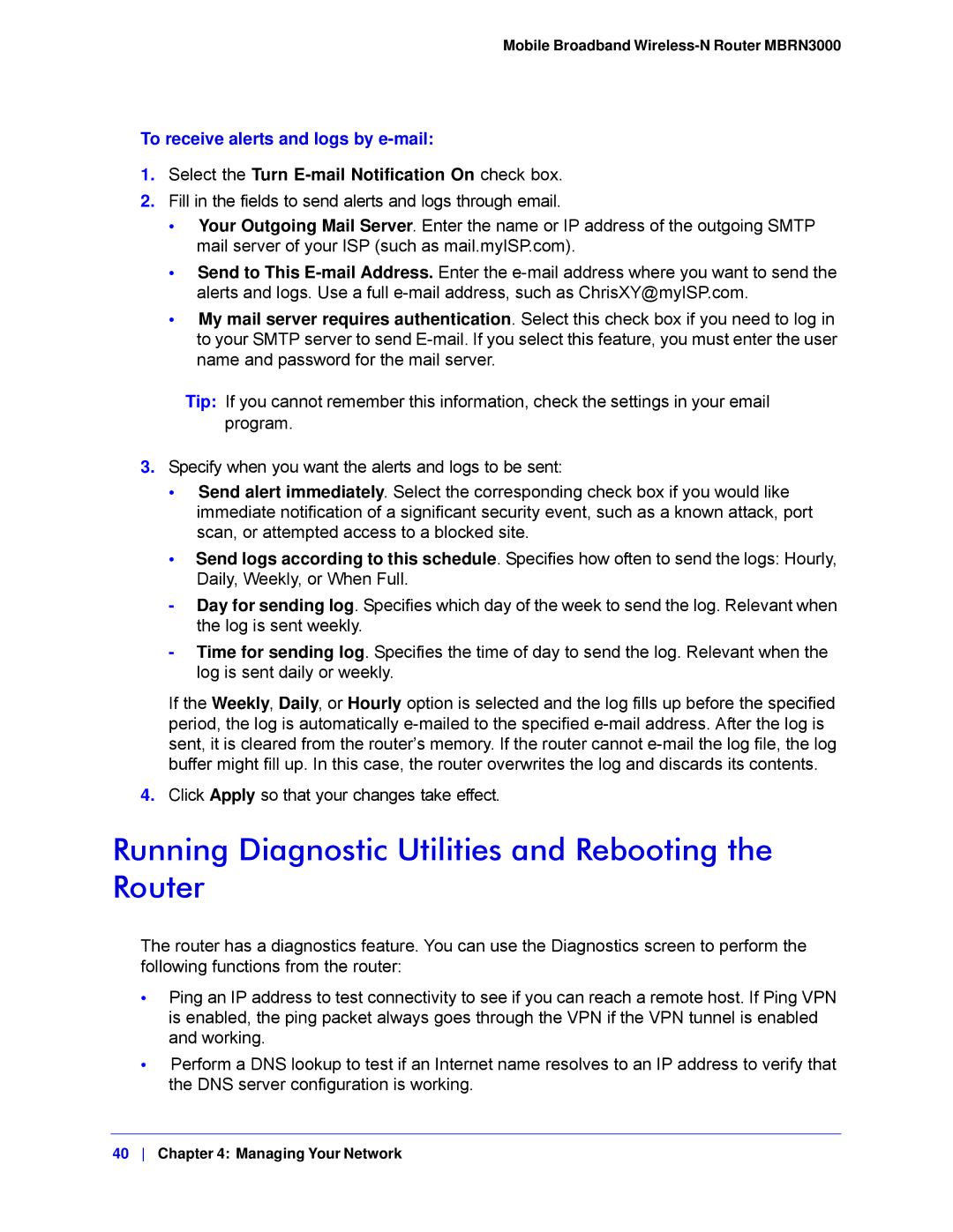 NETGEAR MBRN3000-100NAS Running Diagnostic Utilities and Rebooting the Router, To receive alerts and logs by e-mail 