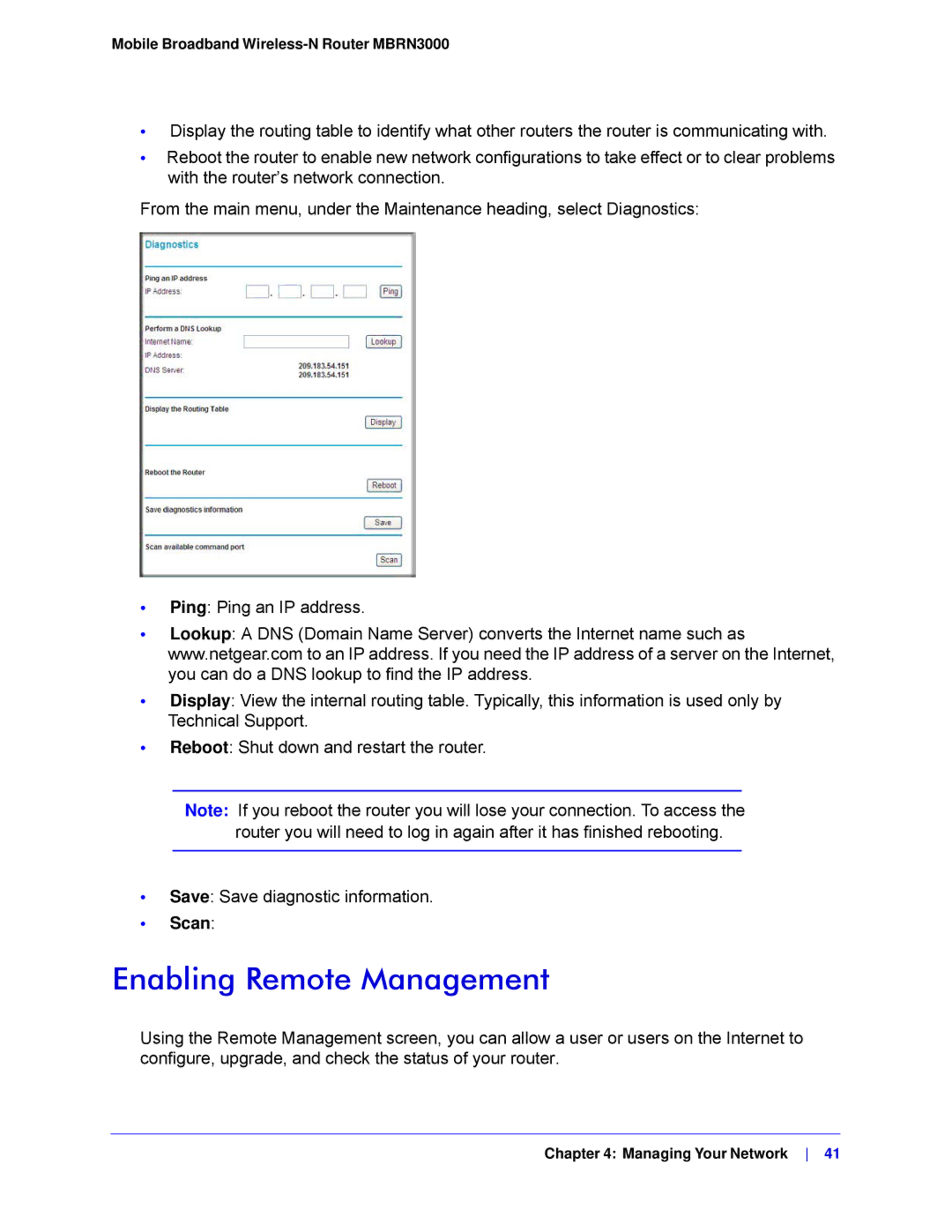 NETGEAR MBRN3000-100NAS user manual Enabling Remote Management, Scan 