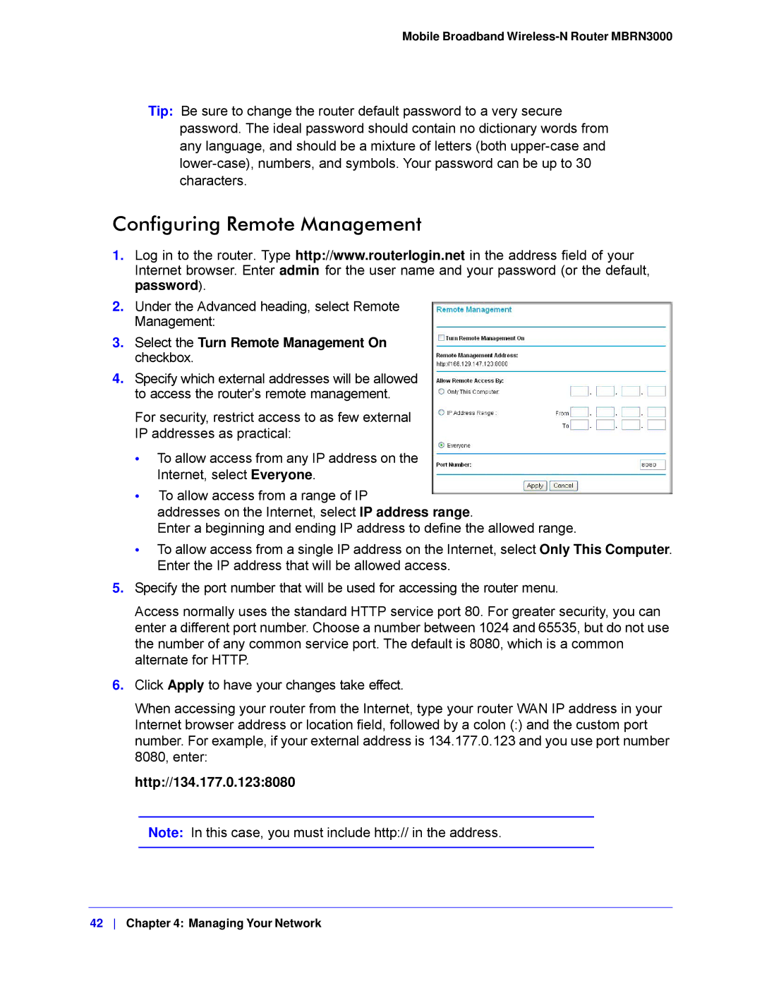 NETGEAR MBRN3000-100NAS user manual Configuring Remote Management, Http//134.177.0.1238080 