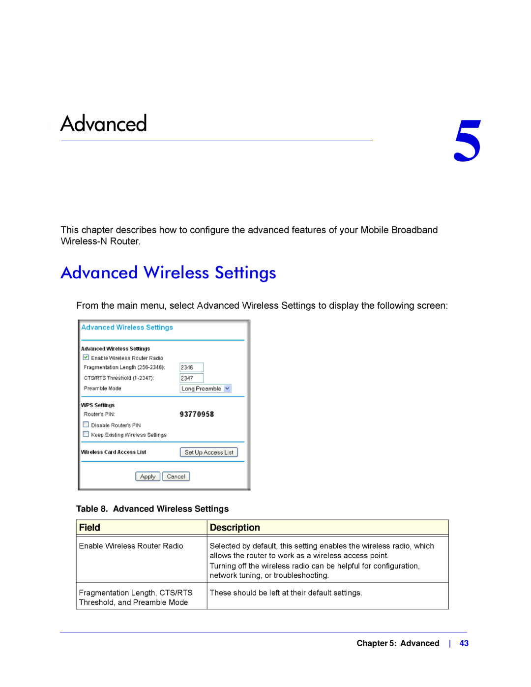 NETGEAR MBRN3000-100NAS user manual Advanced Wireless Settings 