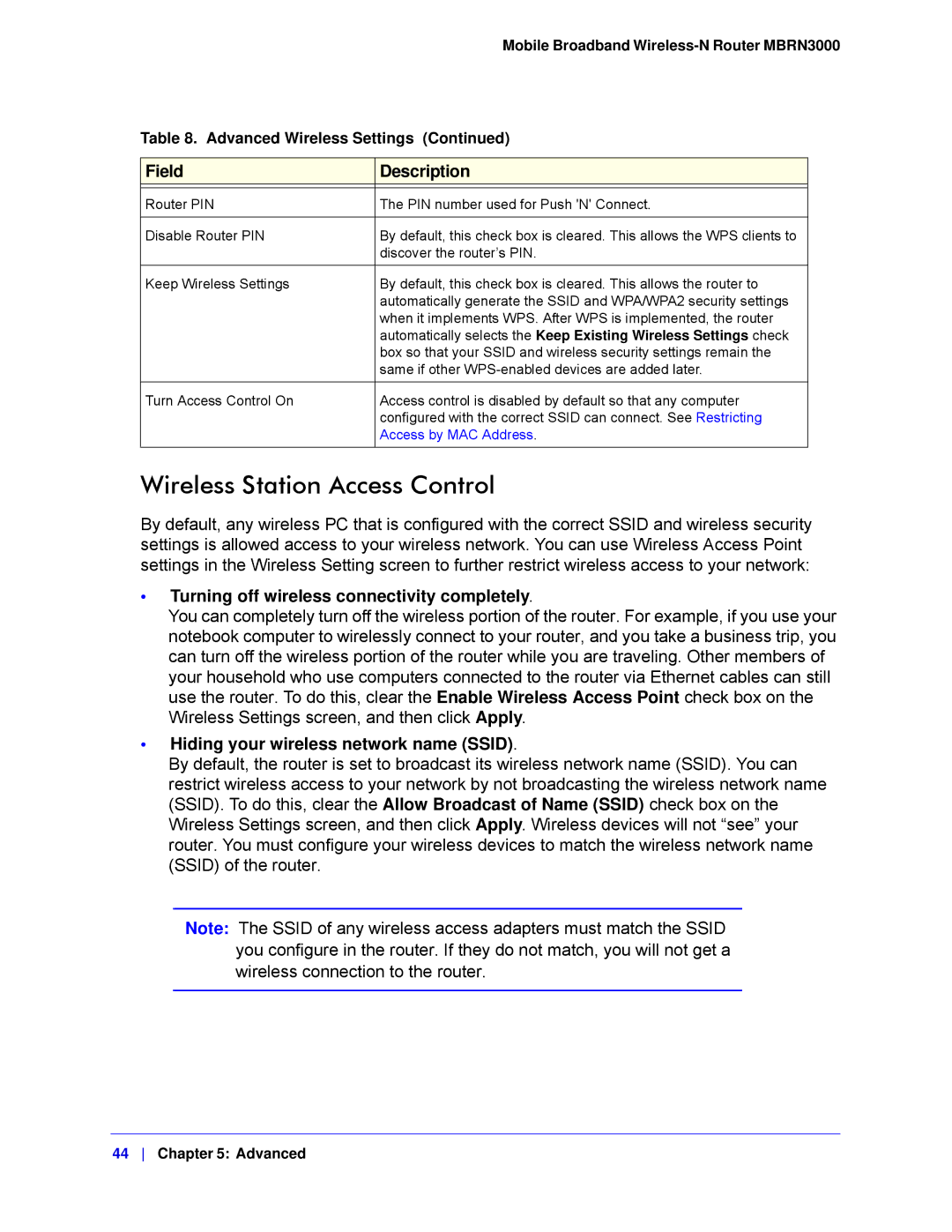 NETGEAR MBRN3000-100NAS user manual Wireless Station Access Control, Turning off wireless connectivity completely 