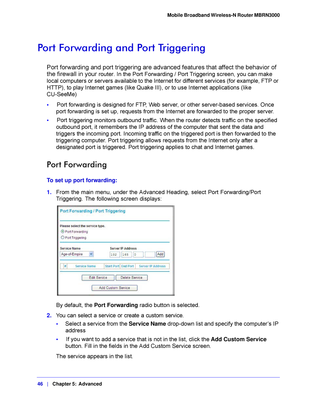 NETGEAR MBRN3000-100NAS user manual Port Forwarding and Port Triggering, To set up port forwarding 