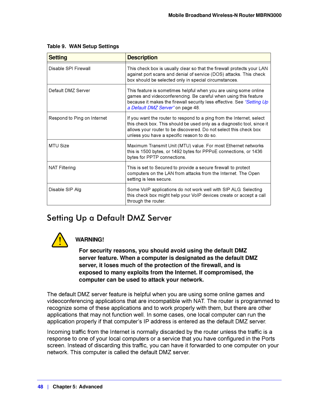 NETGEAR MBRN3000-100NAS user manual Setting Up a Default DMZ Server, Setting Description 