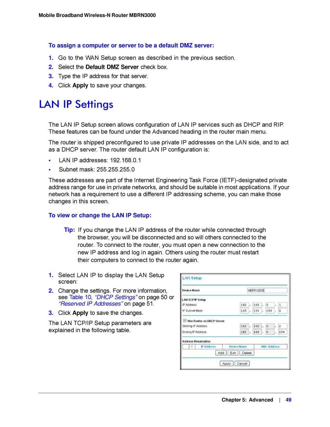 NETGEAR MBRN3000-100NAS user manual LAN IP Settings, To assign a computer or server to be a default DMZ server 