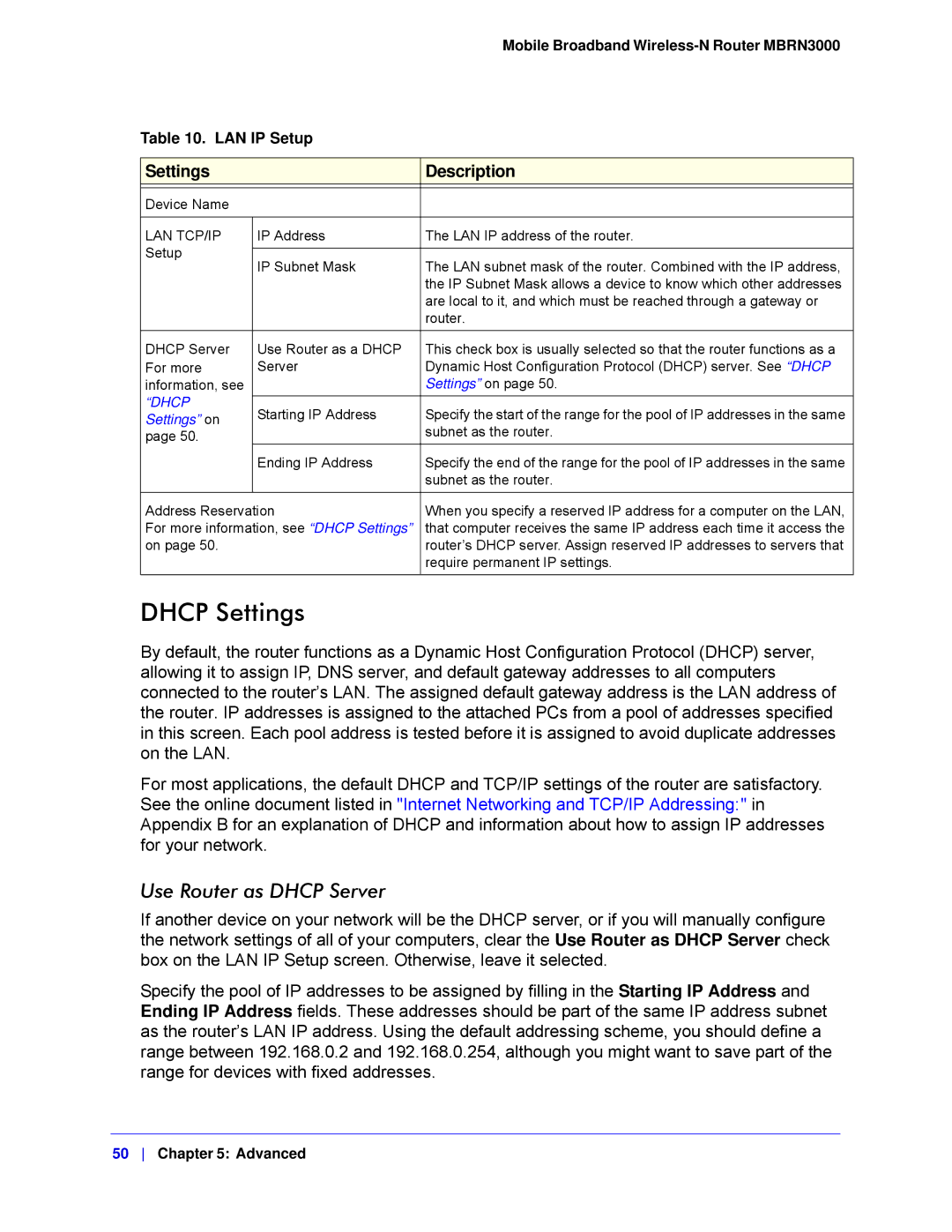 NETGEAR MBRN3000-100NAS user manual Dhcp Settings, Lan Tcp/Ip 