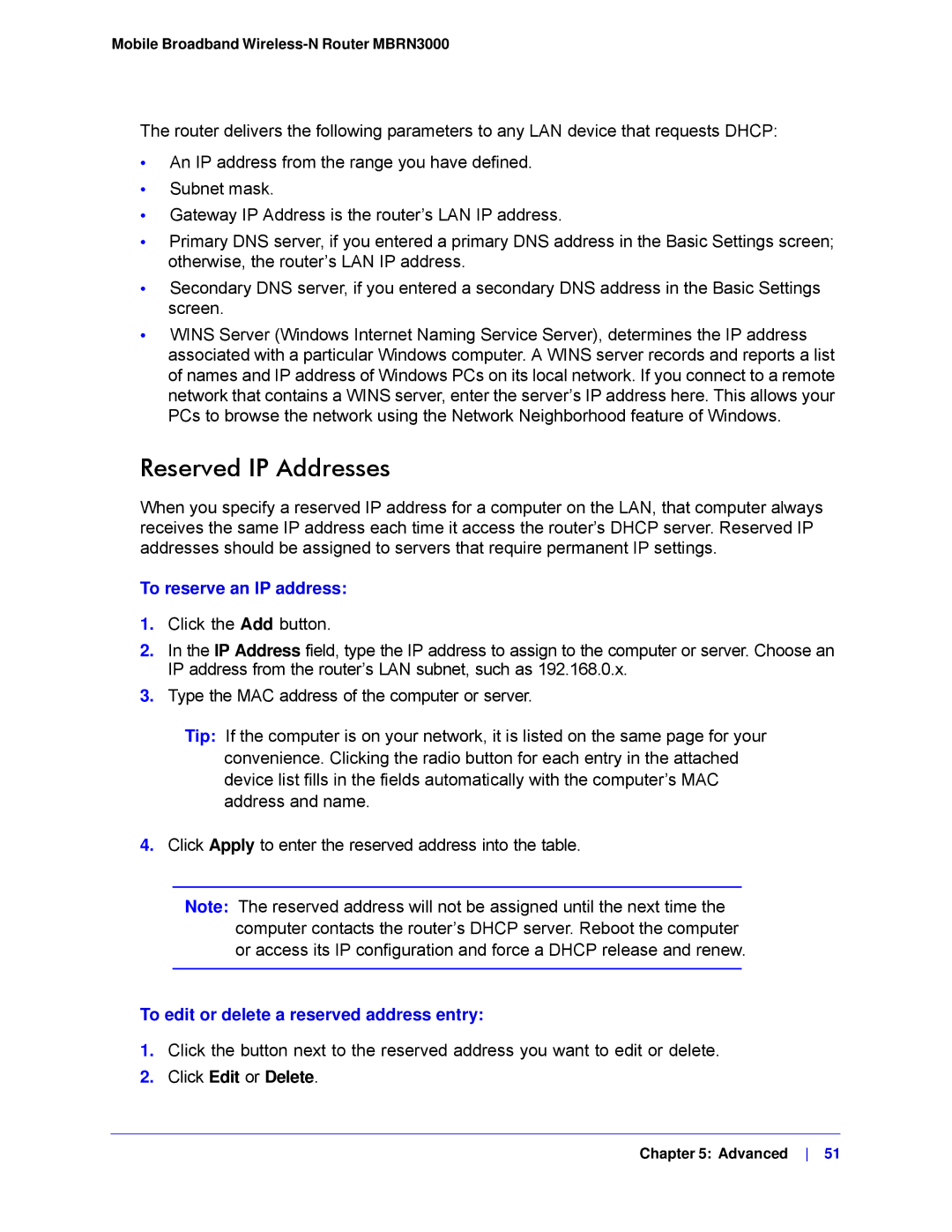 NETGEAR MBRN3000-100NAS Reserved IP Addresses, To reserve an IP address, To edit or delete a reserved address entry 