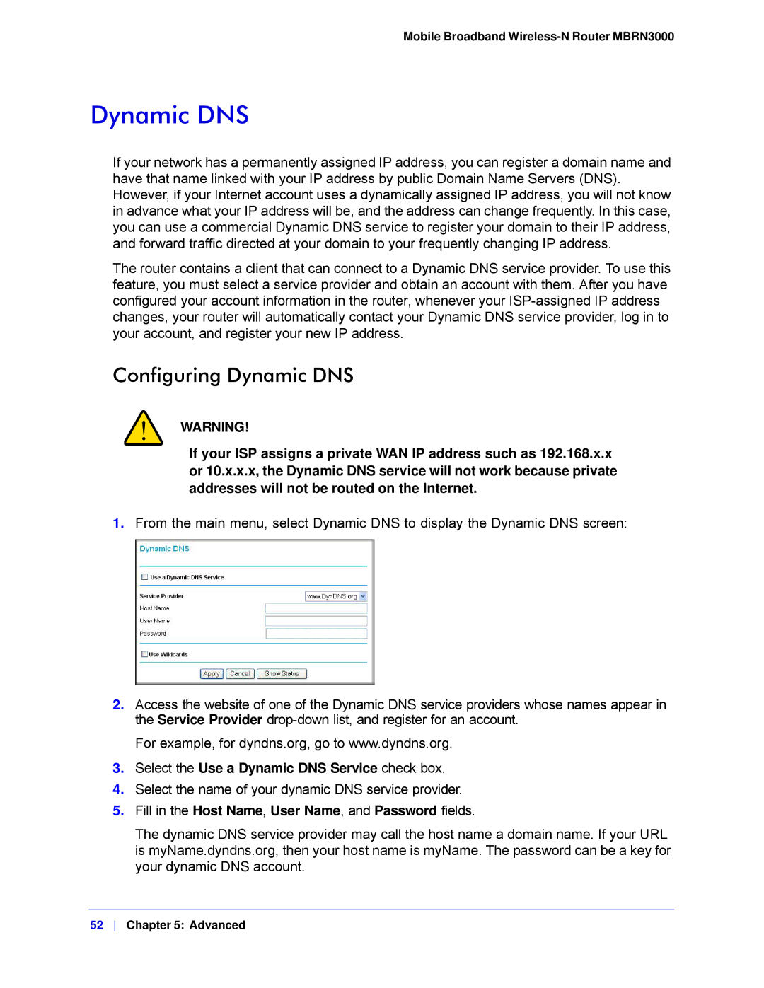 NETGEAR MBRN3000-100NAS user manual Configuring Dynamic DNS, Select the Use a Dynamic DNS Service check box 