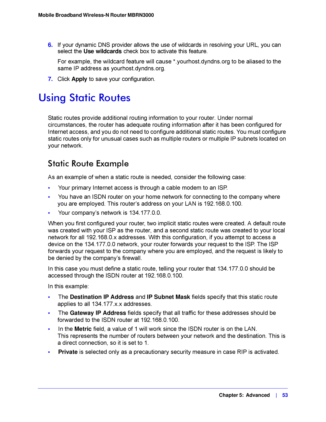 NETGEAR MBRN3000-100NAS user manual Using Static Routes, Static Route Example 