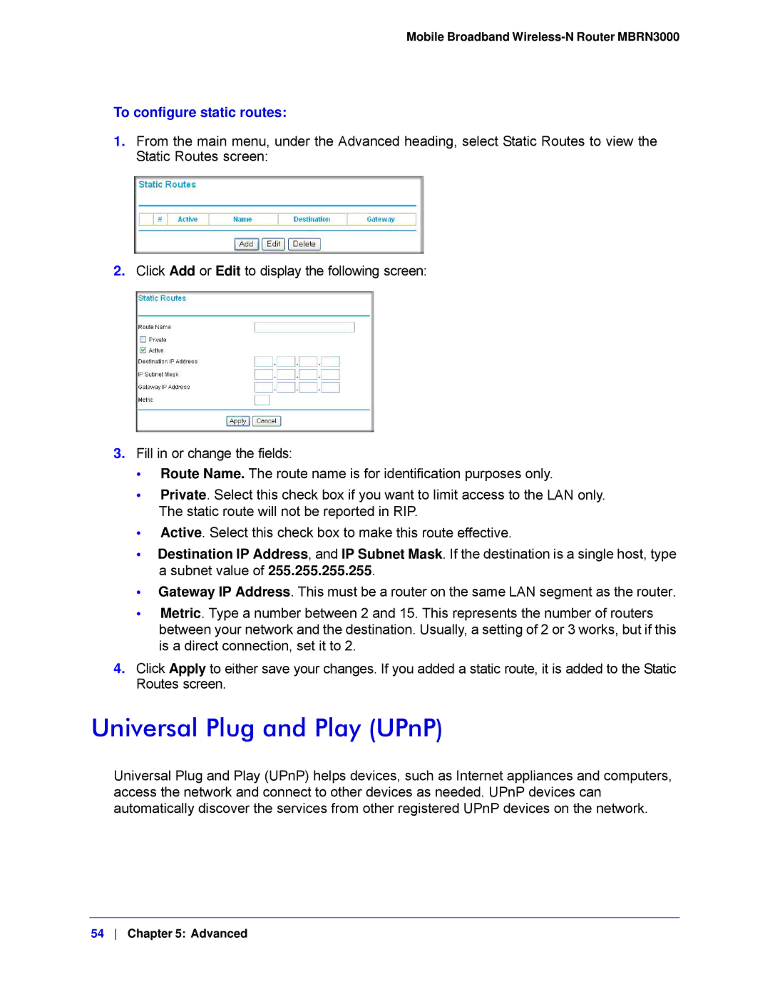 NETGEAR MBRN3000-100NAS user manual Universal Plug and Play UPnP, To configure static routes 