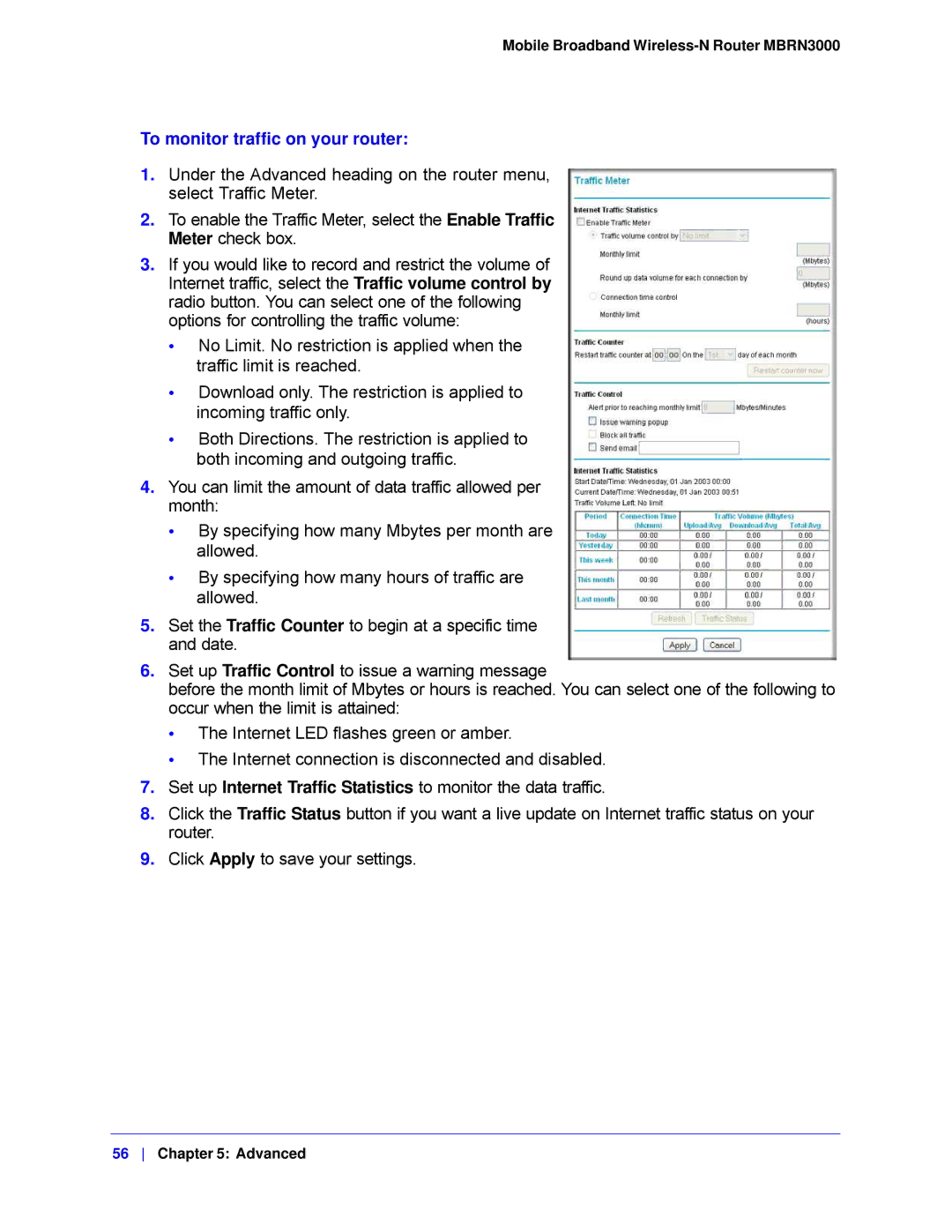 NETGEAR MBRN3000-100NAS user manual To monitor traffic on your router 