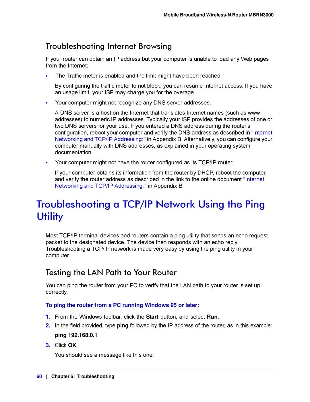 NETGEAR MBRN3000-100NAS Troubleshooting a TCP/IP Network Using the Ping Utility, Troubleshooting Internet Browsing 