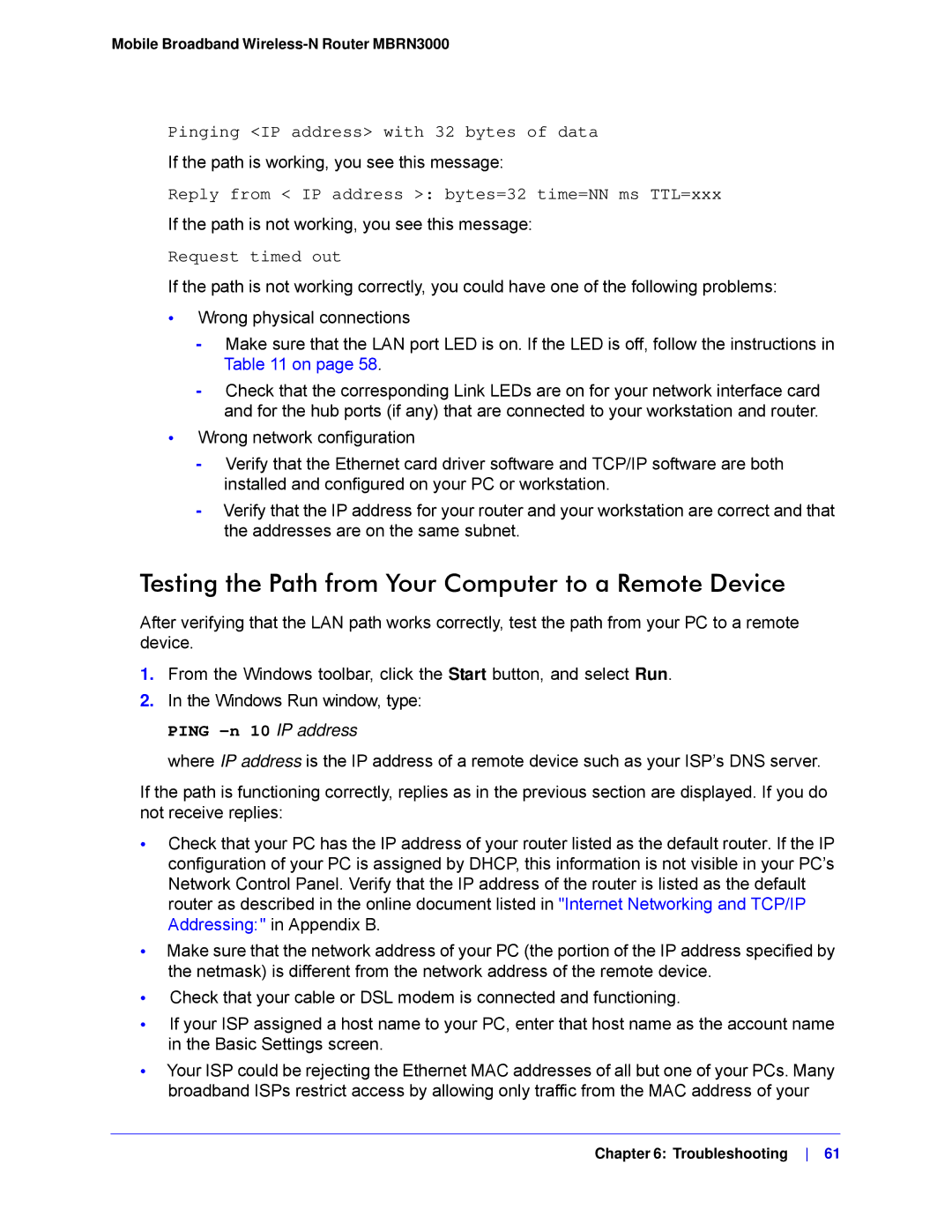 NETGEAR MBRN3000-100NAS user manual Testing the Path from Your Computer to a Remote Device, Request timed out 