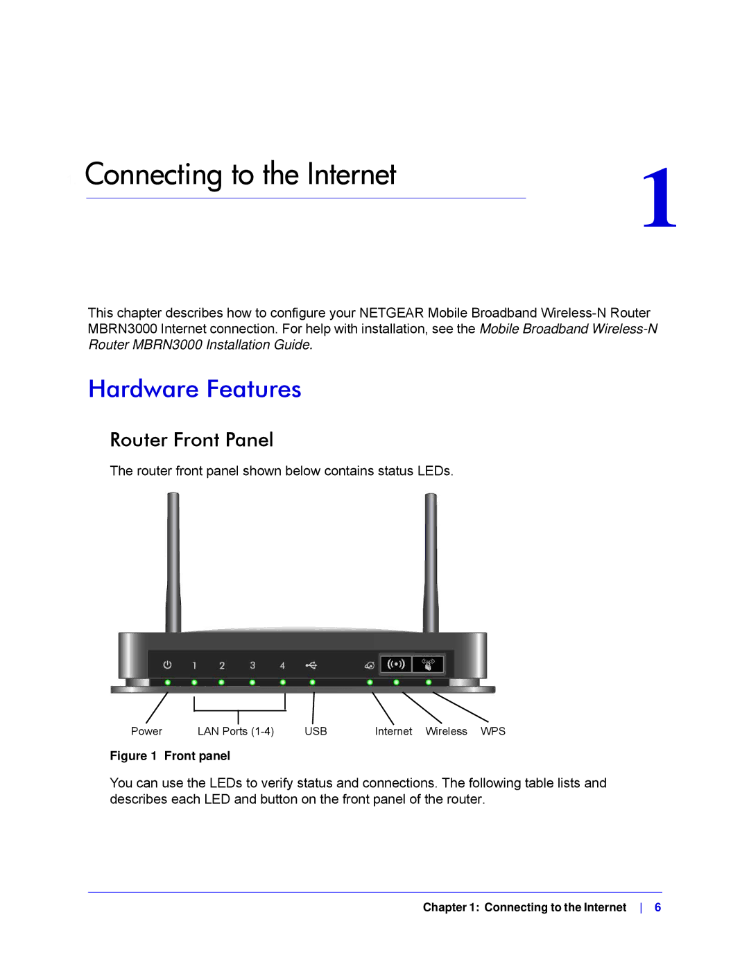 NETGEAR MBRN3000-100NAS user manual Hardware Features, Router Front Panel, Usb 