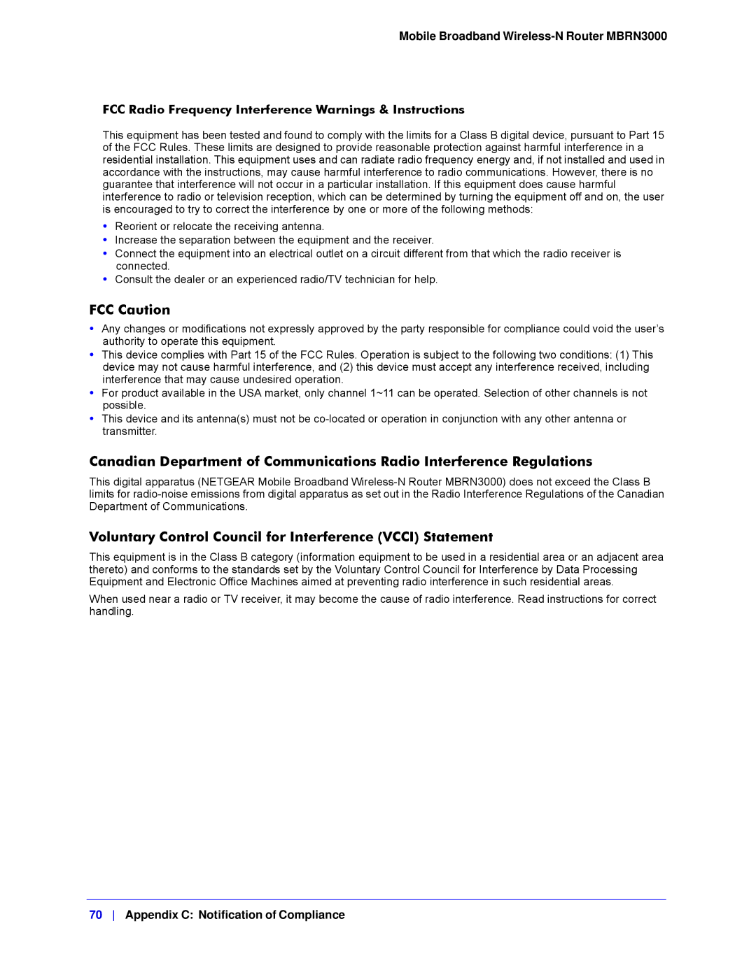 NETGEAR MBRN3000-100NAS user manual FCC Caution, Voluntary Control Council for Interference Vcci Statement 