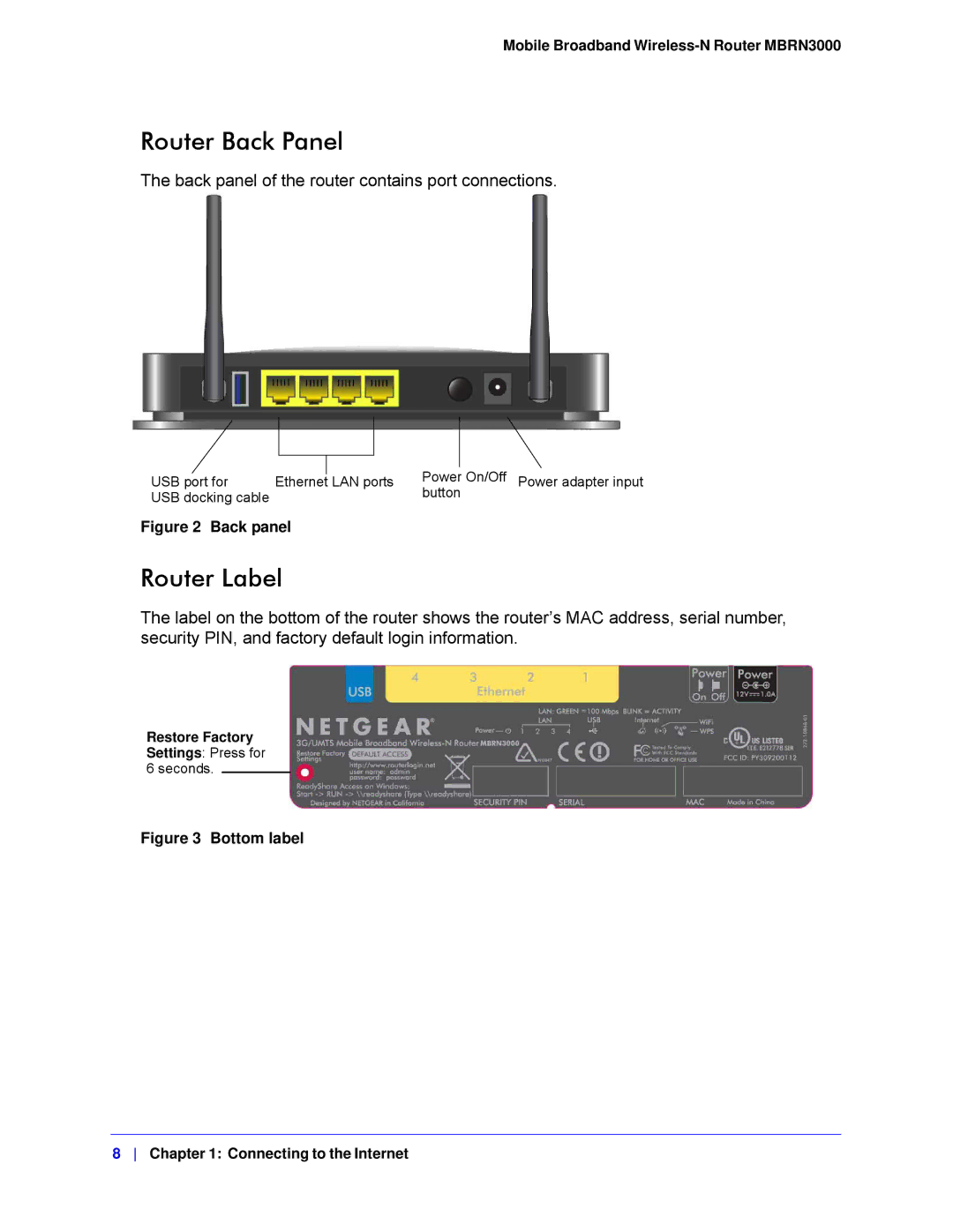 NETGEAR MBRN3000-100NAS user manual Router Back Panel, Router Label 