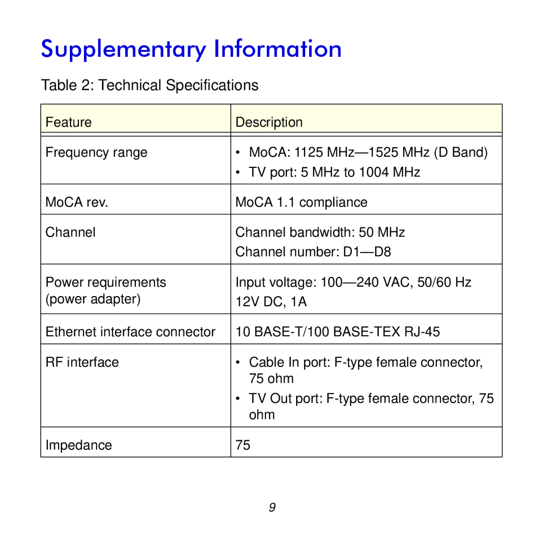 NETGEAR MC1101y2 manual Supplementary Information, Technical Specifications, Feature Description 