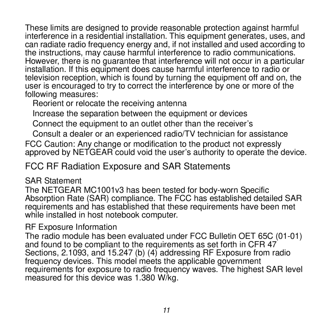 NETGEAR MC1101y2 manual FCC RF Radiation Exposure and SAR Statements, RF Exposure Information 