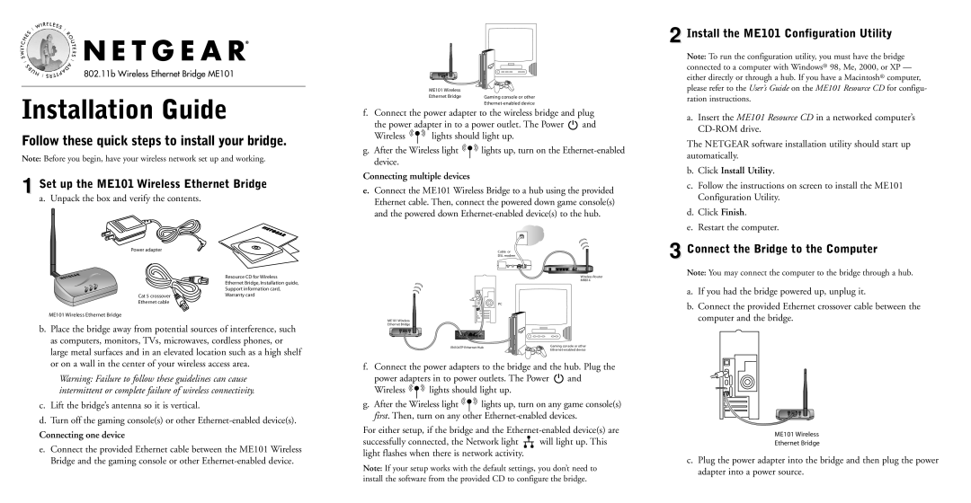 NETGEAR warranty Follow these quick steps to install your bridge, Set up the ME101 Wireless Ethernet Bridge 