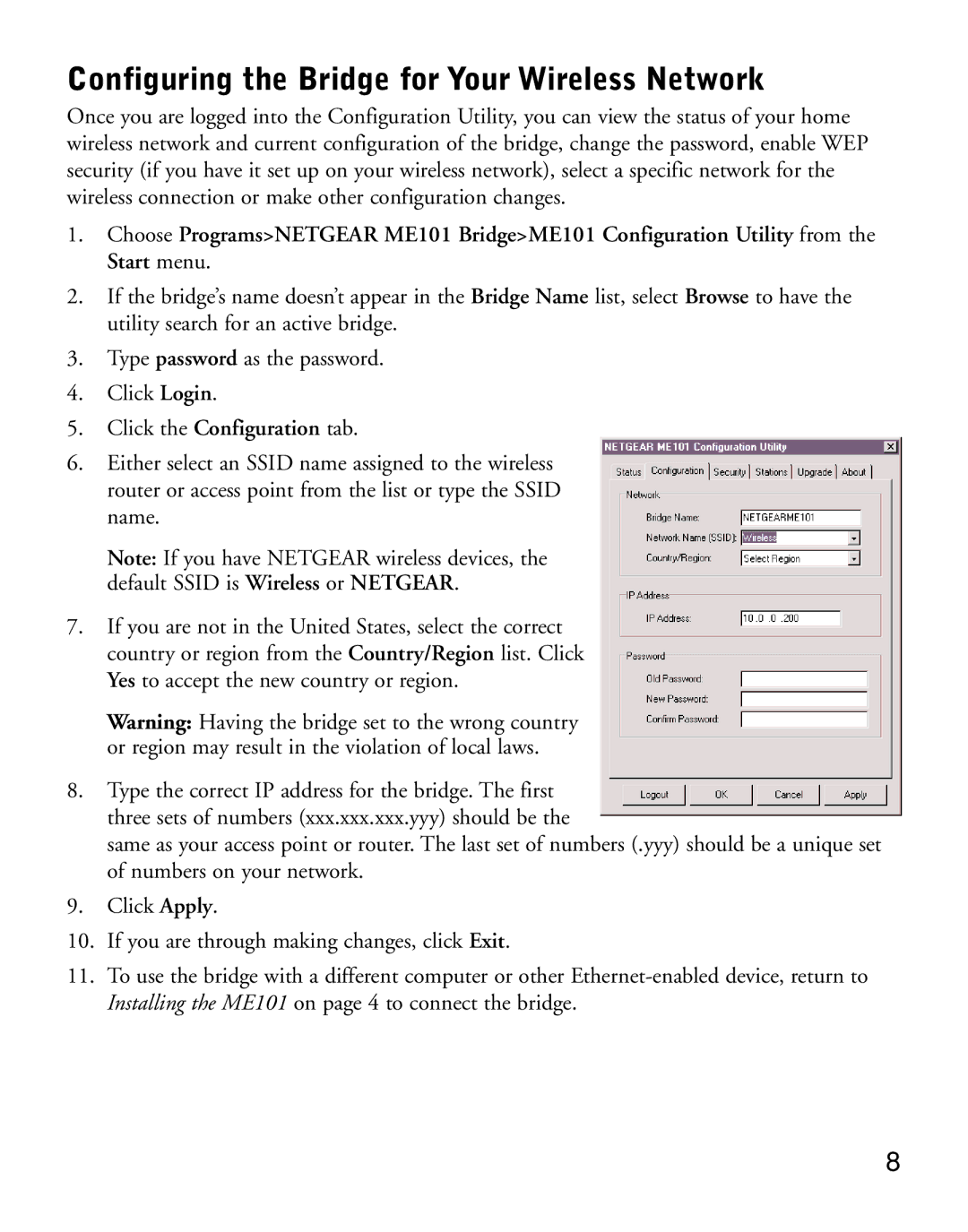 NETGEAR ME101 manual Configuring the Bridge for Your Wireless Network 