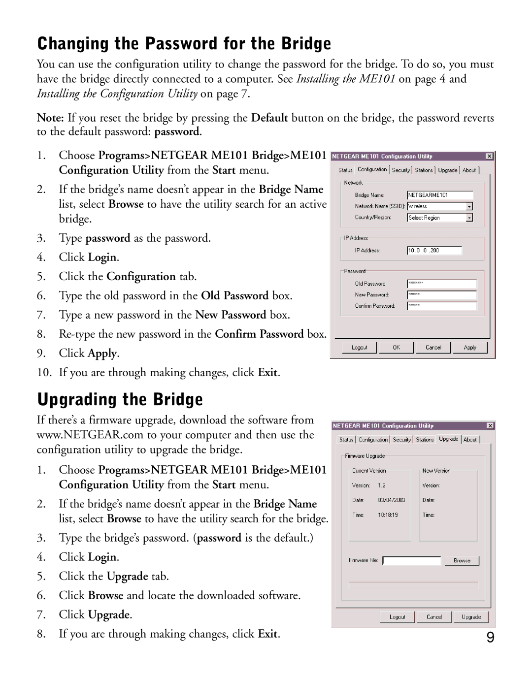 NETGEAR ME101 manual Changing the Password for the Bridge, Upgrading the Bridge 