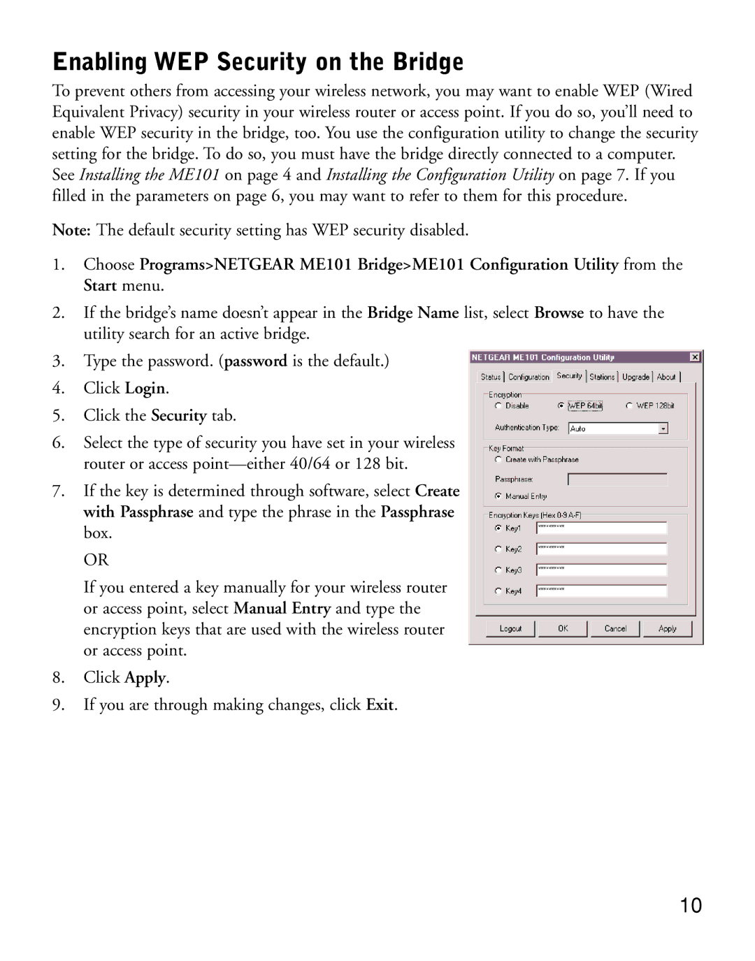 NETGEAR ME101 manual Enabling WEP Security on the Bridge 